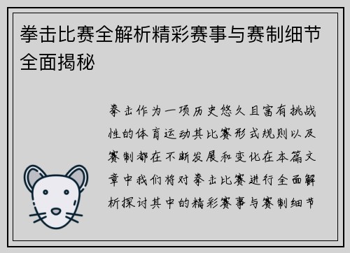 拳击比赛全解析精彩赛事与赛制细节全面揭秘