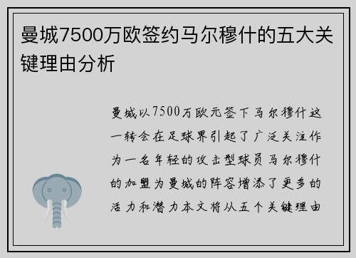 曼城7500万欧签约马尔穆什的五大关键理由分析