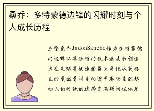 桑乔：多特蒙德边锋的闪耀时刻与个人成长历程